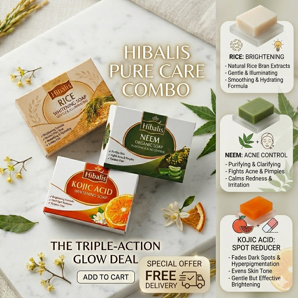 Hibalis Triple-Action Glow Deal | Neem, Rice & Kojic Acid 3-in-1 Soap Combo (Free Delivery All Over Pakistan)